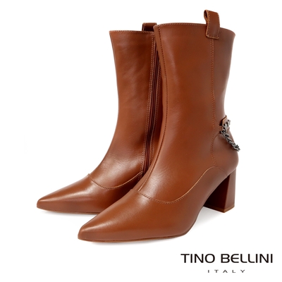 Tino Bellini 巴西進口鉚釘金屬鍊飾尖頭拉鍊粗跟靴-棕