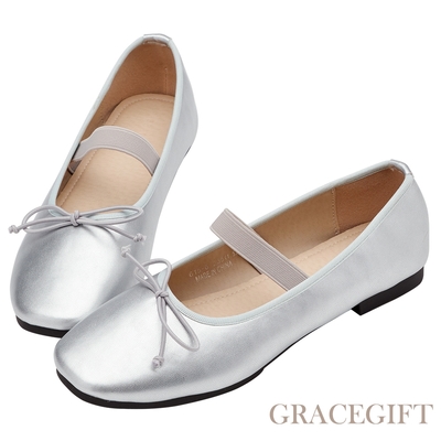 【Grace Gift】浪漫圓頭蝴蝶結平底芭蕾舞娃娃鞋 銀