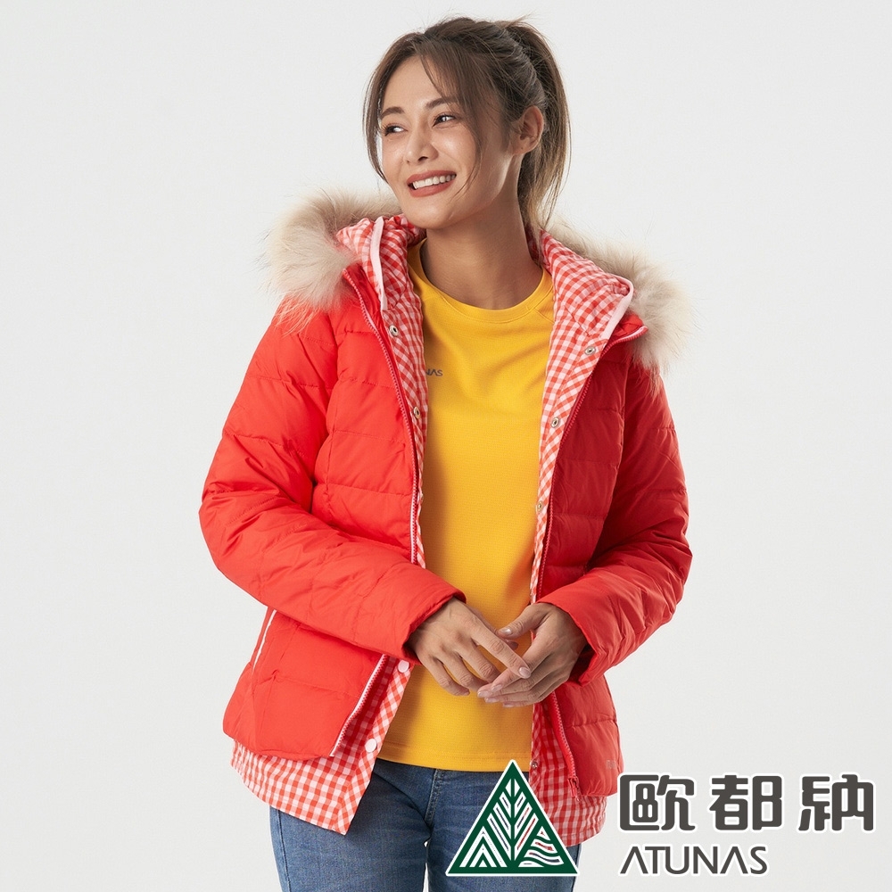 【ATUNAS 歐都納】女款防風羽絨保暖連帽外套A1-G1504W紅/假2件式造型羽絨外套