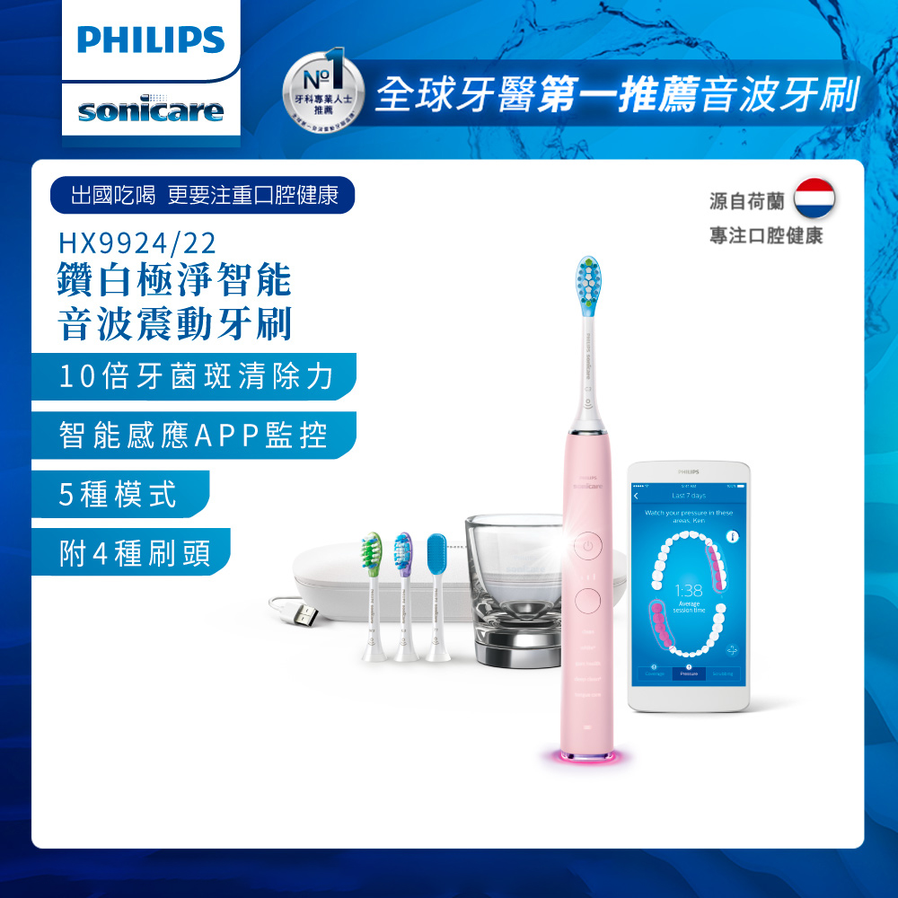 【Philips 飛利浦】Sonicare Smart 鑽石靚白智能音波震動牙刷/電動牙刷HX9924/22(典雅粉)