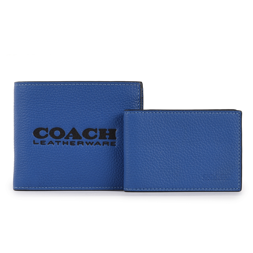 COACH 專櫃款 經典大LOGO壓印荔枝紋皮革 3-IN-1多卡短夾(附獨立證件夾)-湛藍