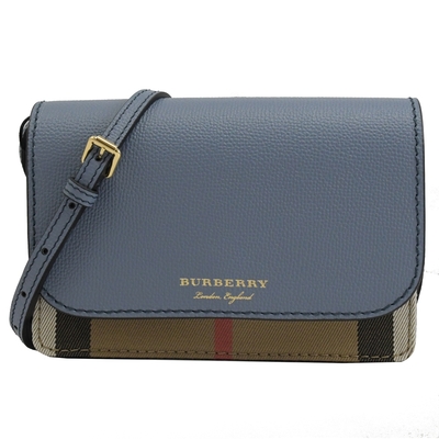 BURBERRY HAMPSHIRE 燙金品牌LOGO經典格紋棉麻牛皮翻蓋斜背包(迷霧藍)