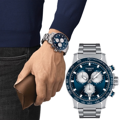 TISSOT天梭 官方授權 Supersport 三眼計時手錶 送禮推薦-45.5mm/銀x藍 T1256171104100