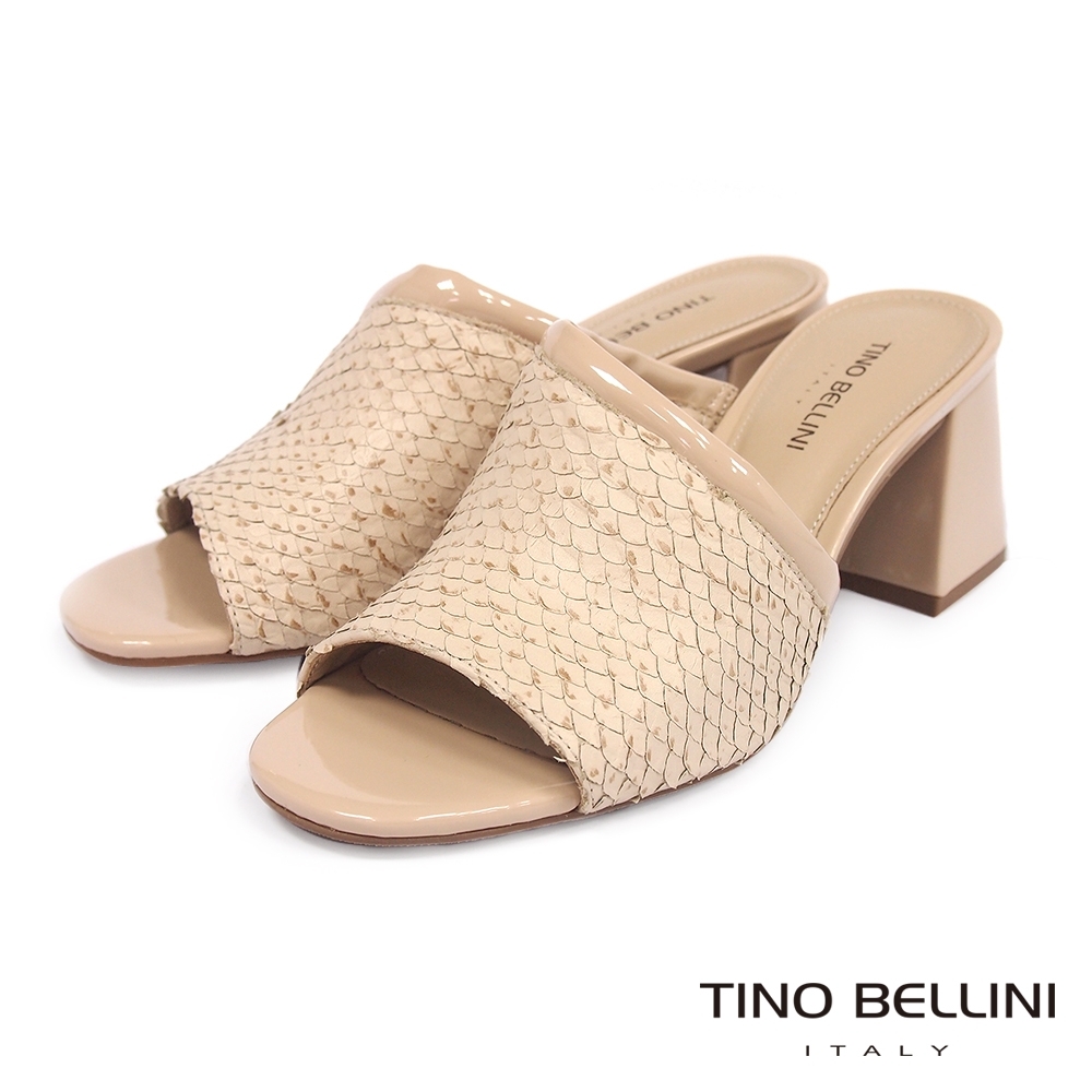 Tino Bellini 巴西進口蛇紋曲線鞋面高跟涼拖鞋_粉膚