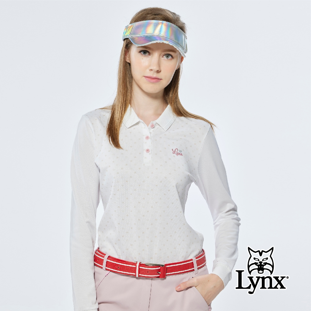 【Lynx Golf】女款吸濕排汗網眼材質滿版小愛心印花長袖POLO衫-白色