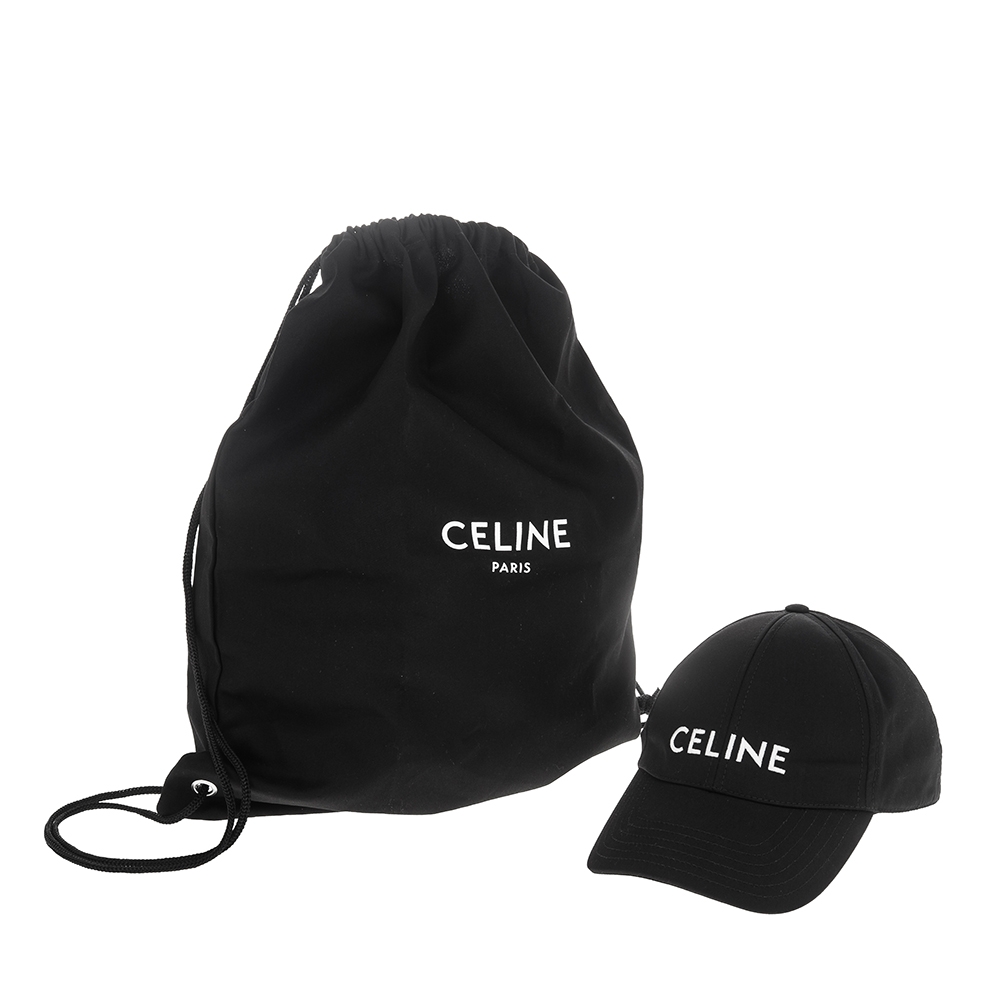 CELINE 新款LOGO棉質刺繡字母棒球帽附限量後背防塵袋(黑色) | 精品服飾