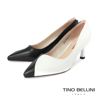 Tino Bellini 極簡撞色羊皮尖頭6.5CM跟鞋_白