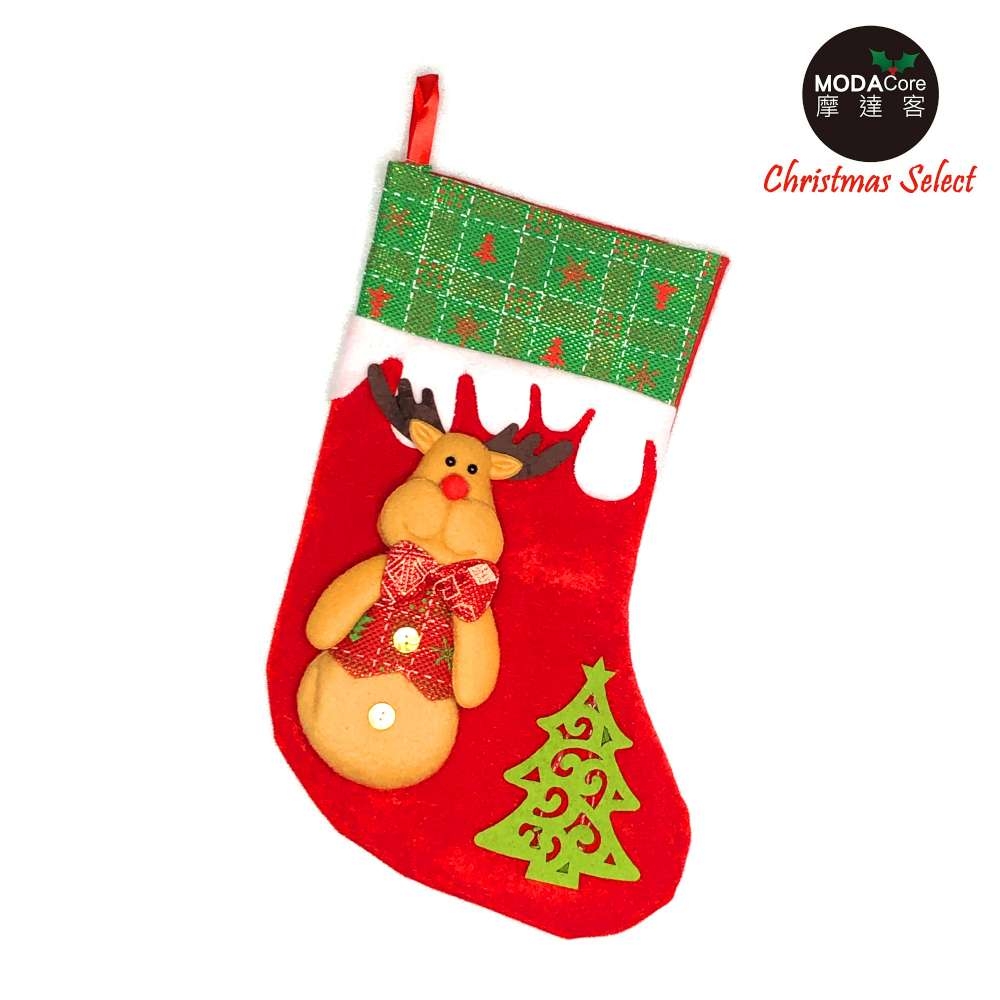 摩達客耶誕-綠白線格紋紅底麋鹿樹聖誕襪