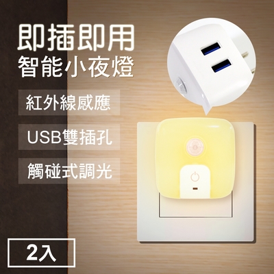 thelife嚴選 雙usb供電孔紅外線感應燈小夜燈2入-插頭式