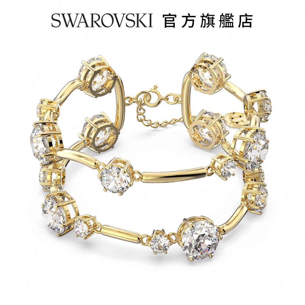 SWAROVSKI 施華洛世奇 Constella 雙圈手鐲 圓形切割, 白色, 鍍金色色調