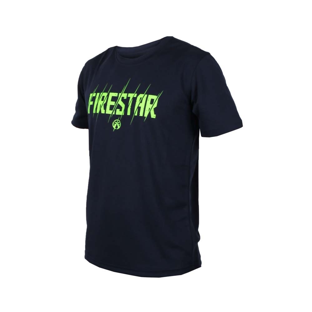 FIRESTAR 男吸排圓領短袖-短T T恤 路跑 慢跑 深藍螢光綠