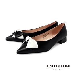Tino Bellini 羊皮典雅雙色蝴蝶結尖頭低跟鞋-黑