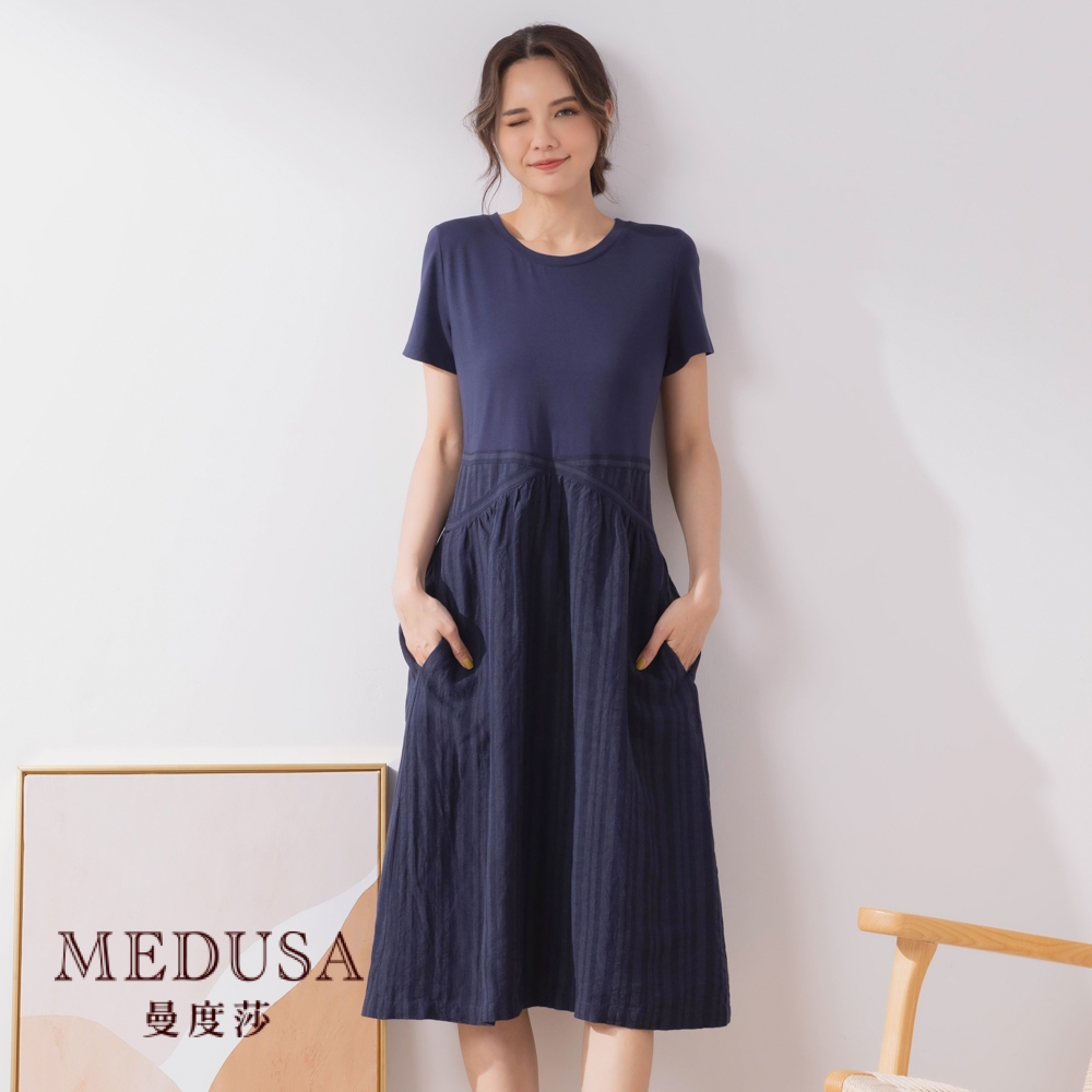 【MEDUSA 曼度莎】交叉收腰亞麻小洋裝 (M-XL) | 女裝 洋裝 | 休閒穿搭