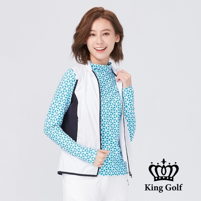 【KING GOLF】女款刺繡LOGO印圖異色剪接防風薄款立領拉鍊背心外套-白色