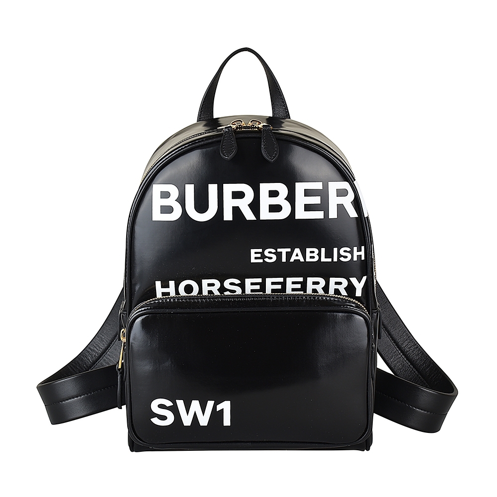 BURBERRY Horseferry印花白字LOGO防水PU牛皮飾邊拉鍊後背包(黑)