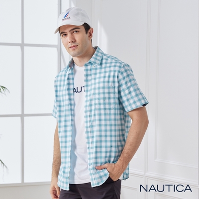 nautica 男裝簡約格紋短袖襯衫-綠