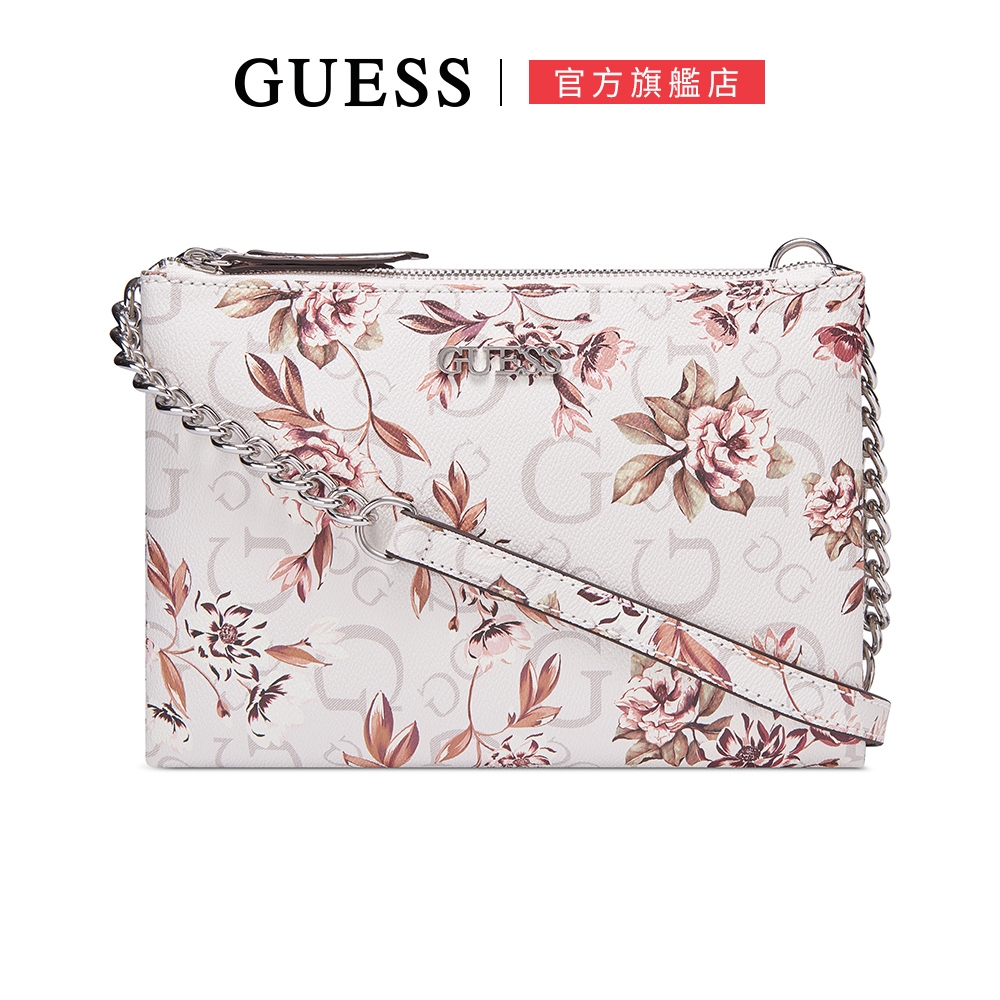 【GUESS】滿版LOGO花朵多層鍊條肩背包-粉