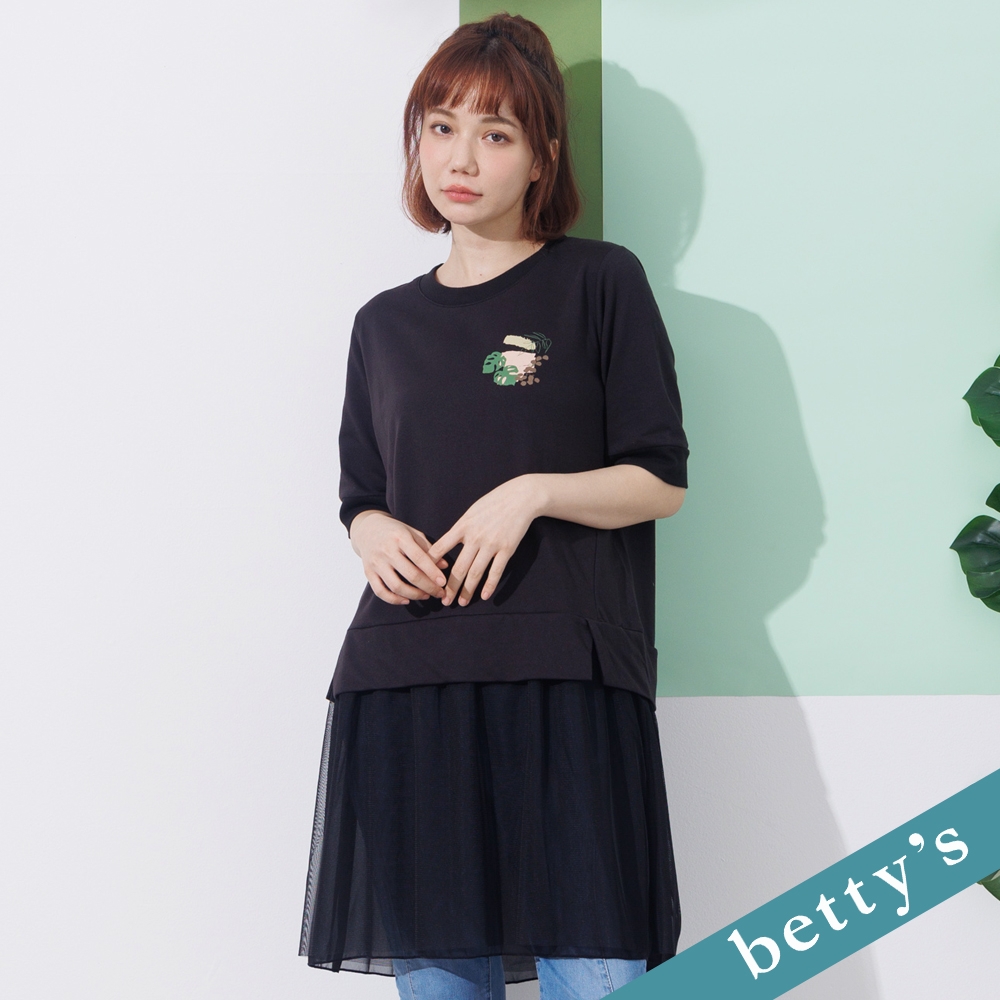 betty’s貝蒂思　網紗拼接長版T-Shirt(黑色)