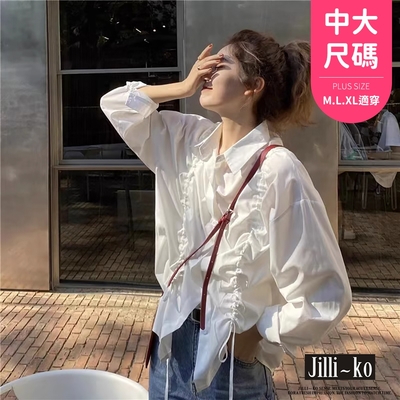 JILLI-KO 韓版鹽系抽繩設計感長袖襯衫中大尺碼- 白色