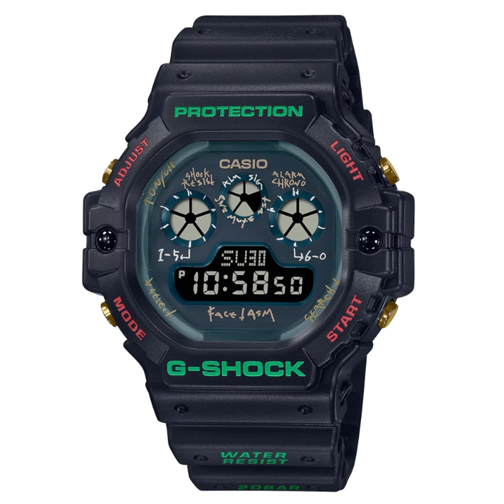 CASIO 卡西歐G-SHOCK X FACETASM聯名款三眼顯示黑X綠X紅_DW-5900FA