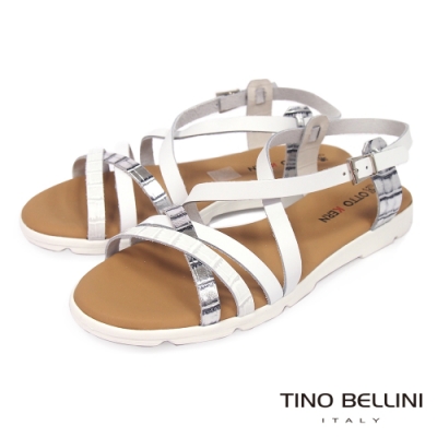 Tino Bellini 西班牙進口率性全牛皮線條平底涼鞋-白