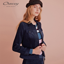 OUWEY歐薇 率性格紋拼接燈心絨短版外套(藍)
