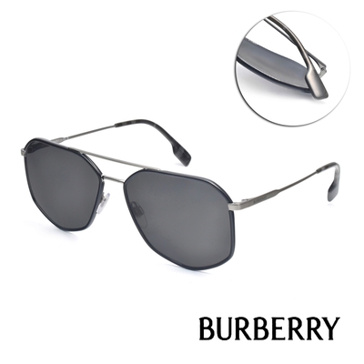BURBERRY 雙槓多邊框飛官款 太陽眼鏡/黑 鐵灰 灰鏡片#B3139 114487