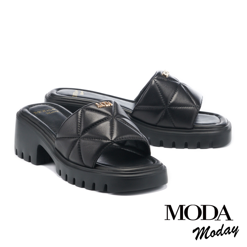 拖鞋  MODA MODAY 知性菱格紋羊皮高跟拖鞋－黑