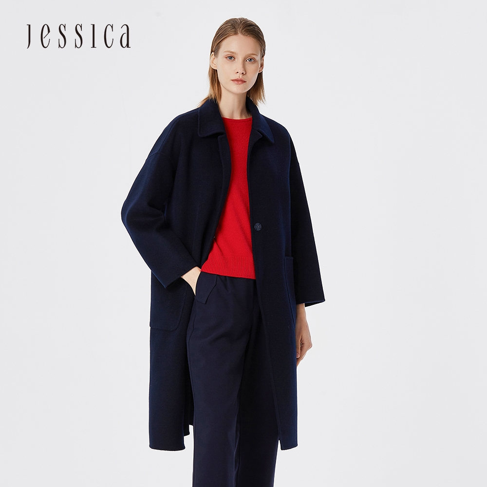 JESSICA - 優雅寬鬆百搭中長款羊毛大衣2144C5（深藍）