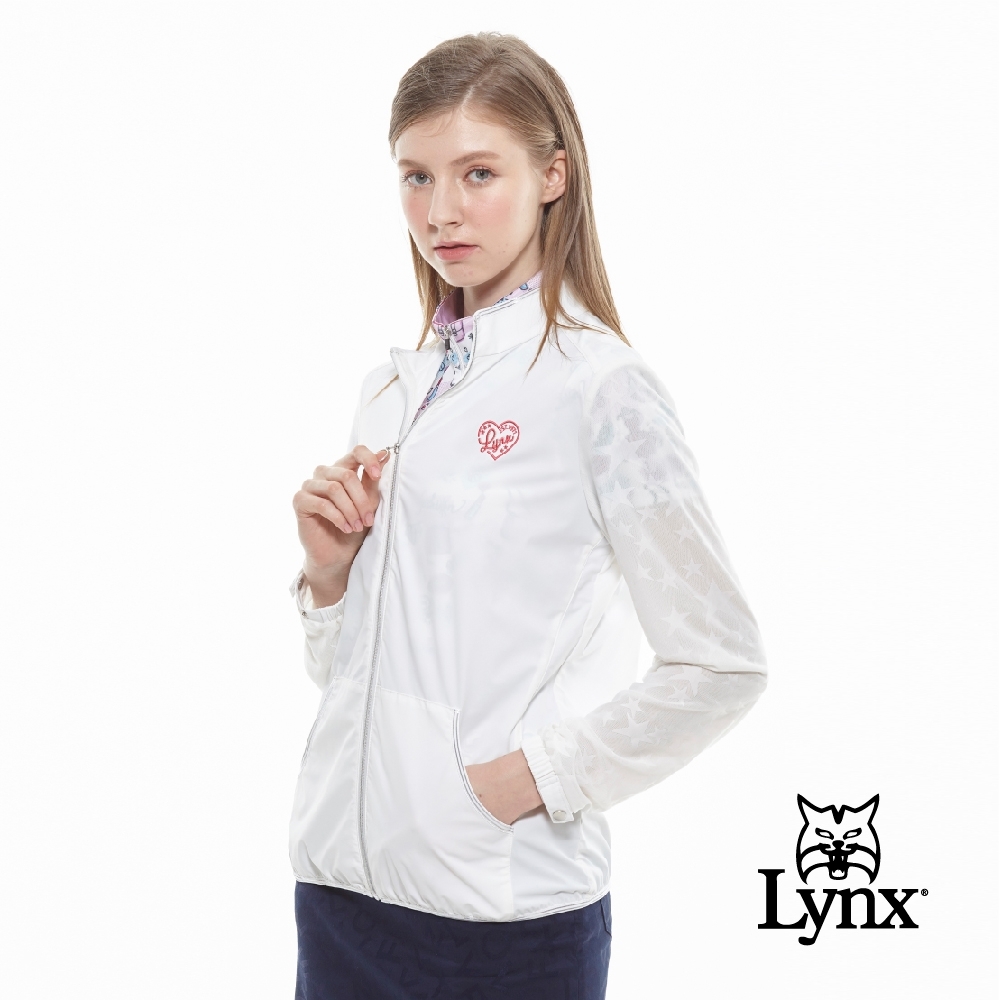 【Lynx Golf】女款輕便可收納式兩袖網紗設計長袖外套-白色