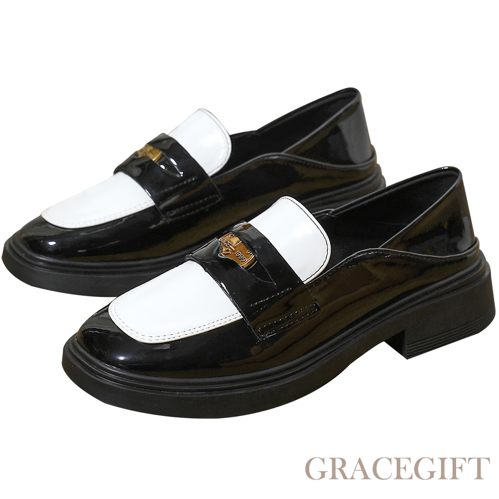 【Grace Gift】俏麗女孩漆皮便仕樂福鞋 黑x白