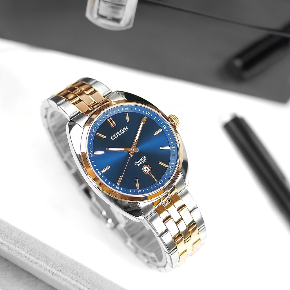 CITIZEN 簡約時尚 日期 日本機芯 不鏽鋼手錶 (BI5096-53L)-藍x鍍玫瑰金/42mm