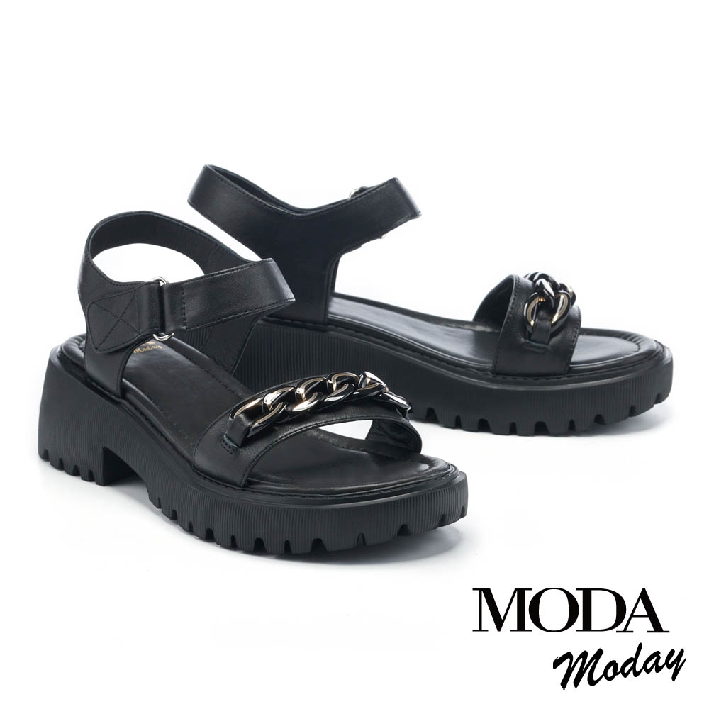 涼鞋  MODA MODAY 日常簡約鏈條魔鬼氈牛皮低跟涼鞋－黑