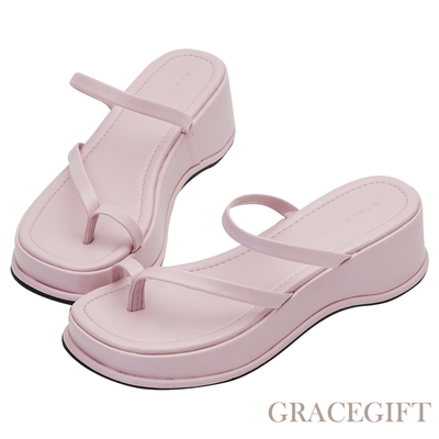 【Grace Gift】 一字細帶鬆糕厚底夾腳拖鞋 藕粉