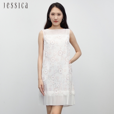 JESSICA - 氣質花卉蕾絲拼接紗裙擺無袖洋裝（白）