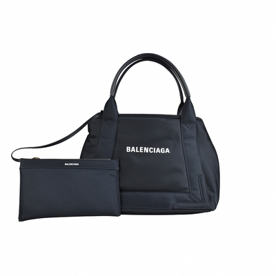 BALENCIAGA 巴黎世家 CABAS經典LOGO標誌皮革滾邊尼龍手提子母包(S/黑x白)