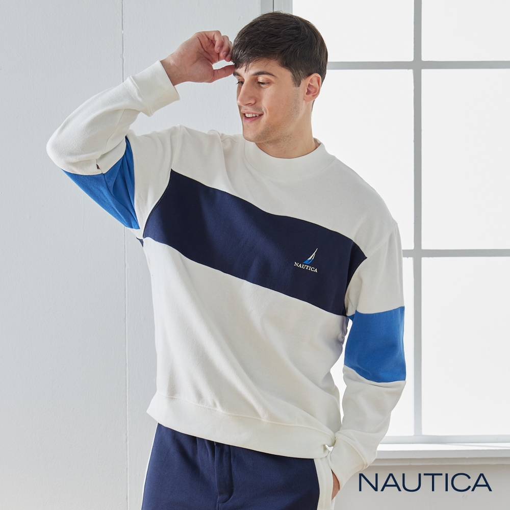 Nautica 男裝 時尚撞色拼接長袖T恤-白