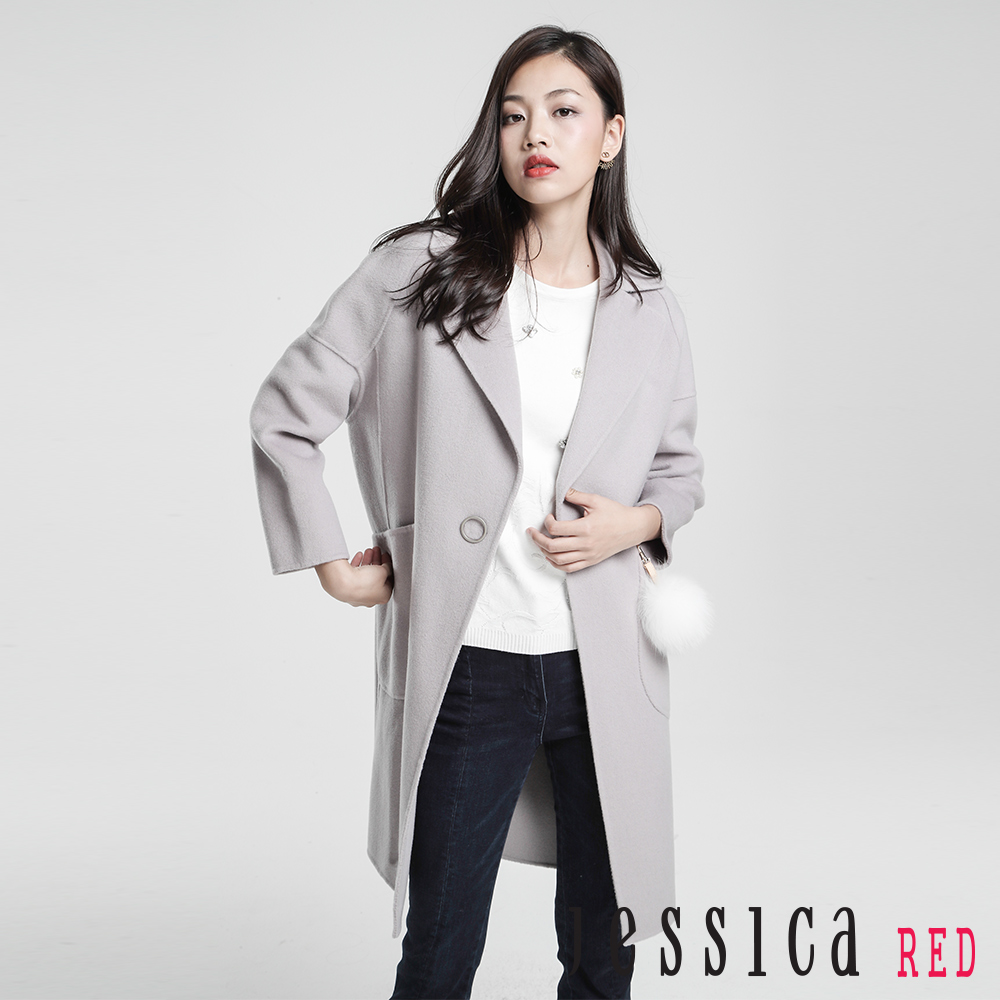 JESSICA RED - 翻領單釦設計羊毛長版大衣（淺棕）