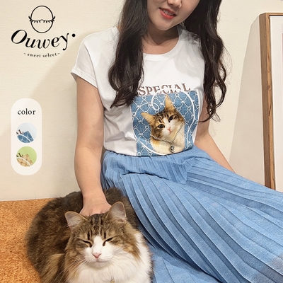 OUWEY歐薇 貓咪吉祥物印花綴飾連袖上衣(兩色；S-L)3222161225