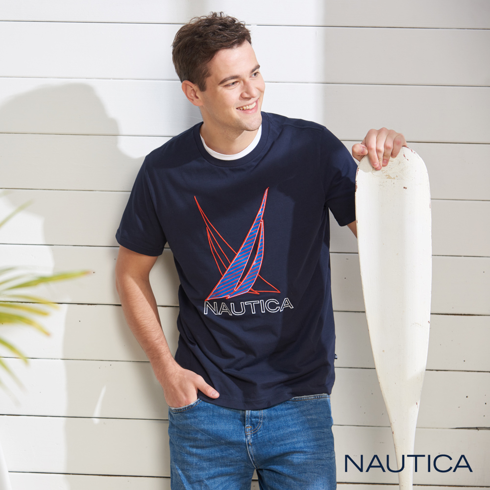 Nautica 夏日雙LOGO圖騰短袖T恤-深藍