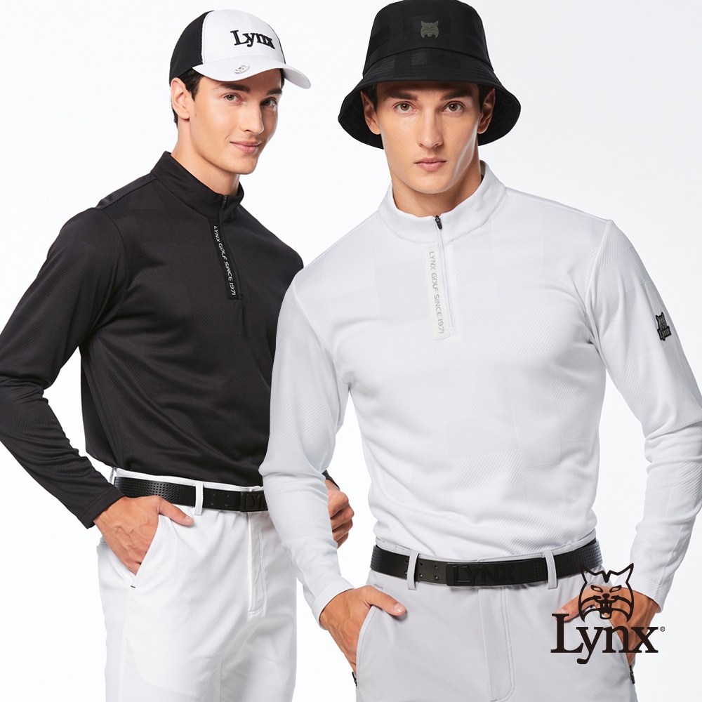 【Lynx Golf】男款吸溼排汗貼膜造型條紋緹花工藝設計長袖立領POLO衫(二色)