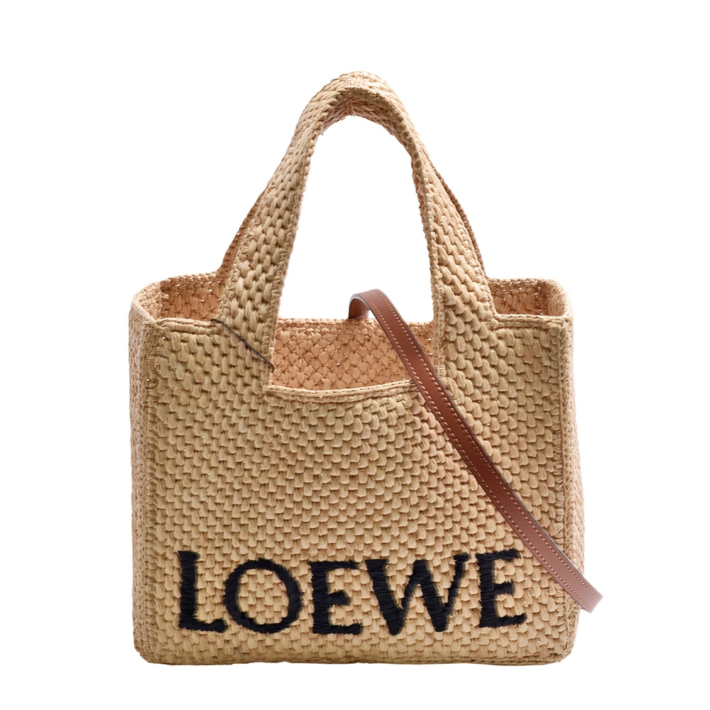 LOEWE 經典品牌LOGO酒椰纖維編織設計手提/斜背包(小-自然色)
