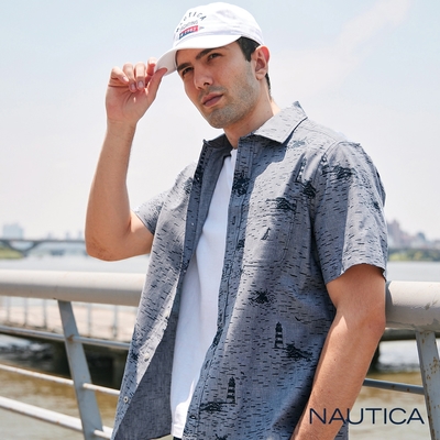 Nautica 男裝 燈塔圖騰短袖襯衫-深藍