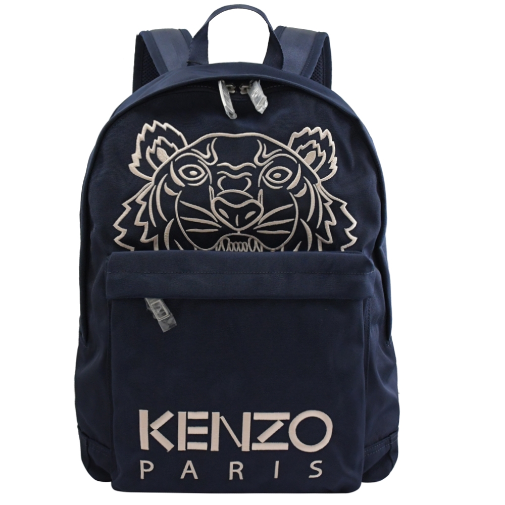 KENZO 電繡老虎圖案LOGO尼龍拉鍊後背包(深藍 大)