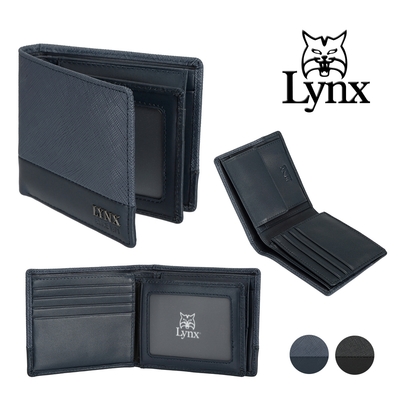 【Lynx】美國山貓進口牛皮十字紋零錢袋短夾男夾錢包-藍色