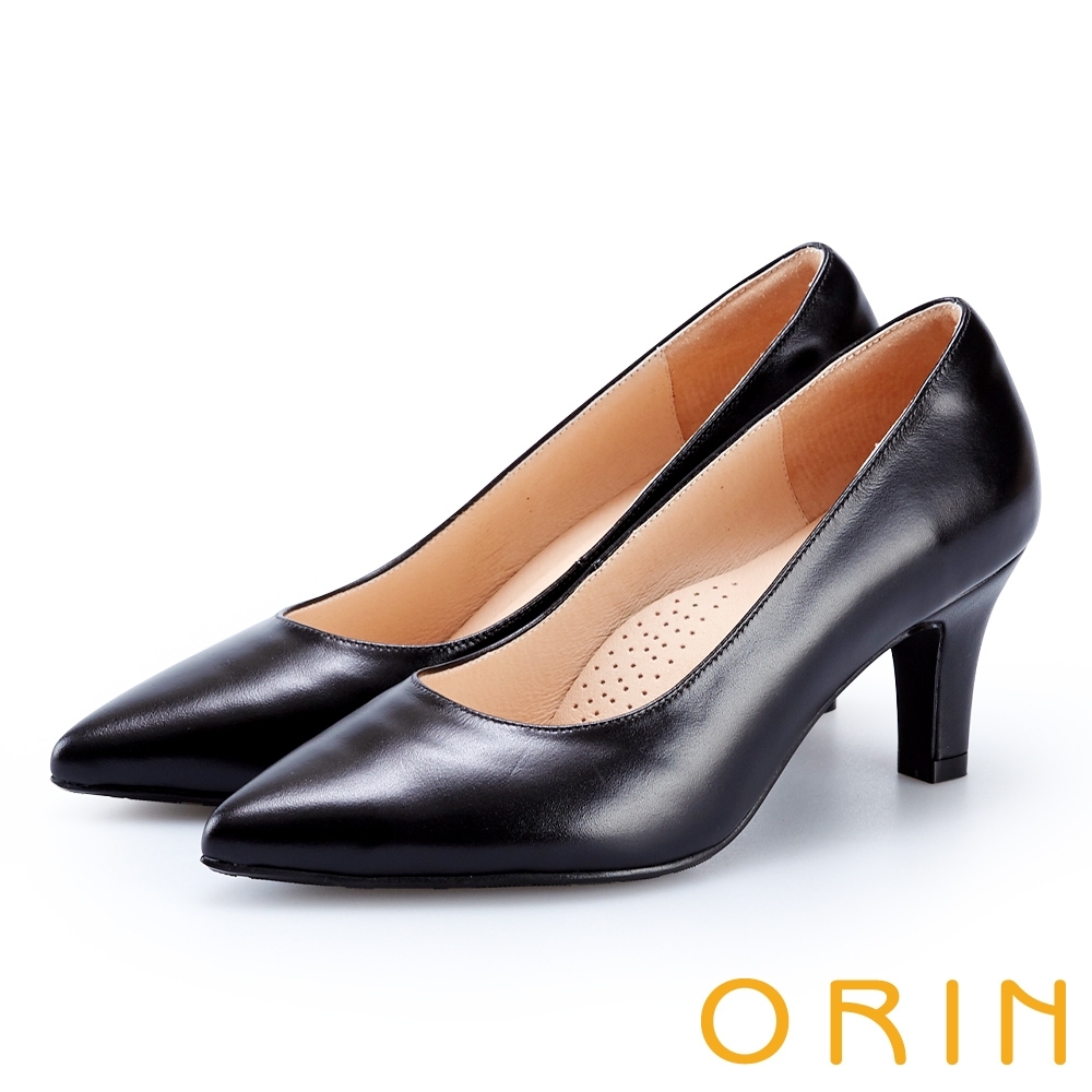 ORIN 簡約時尚OL 優雅好搭素面真皮尖頭跟鞋-黑色
