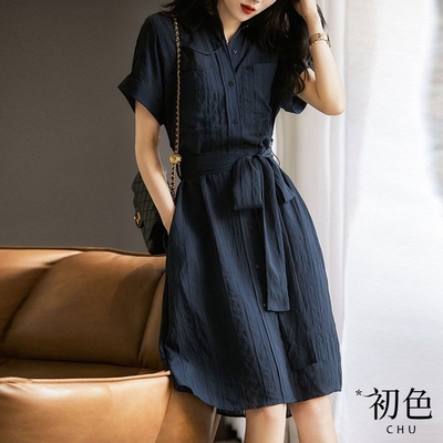 初色 工裝風收腰綁帶肌理感短袖連身裙洋裝-共2色-68788(M-2XL可選)