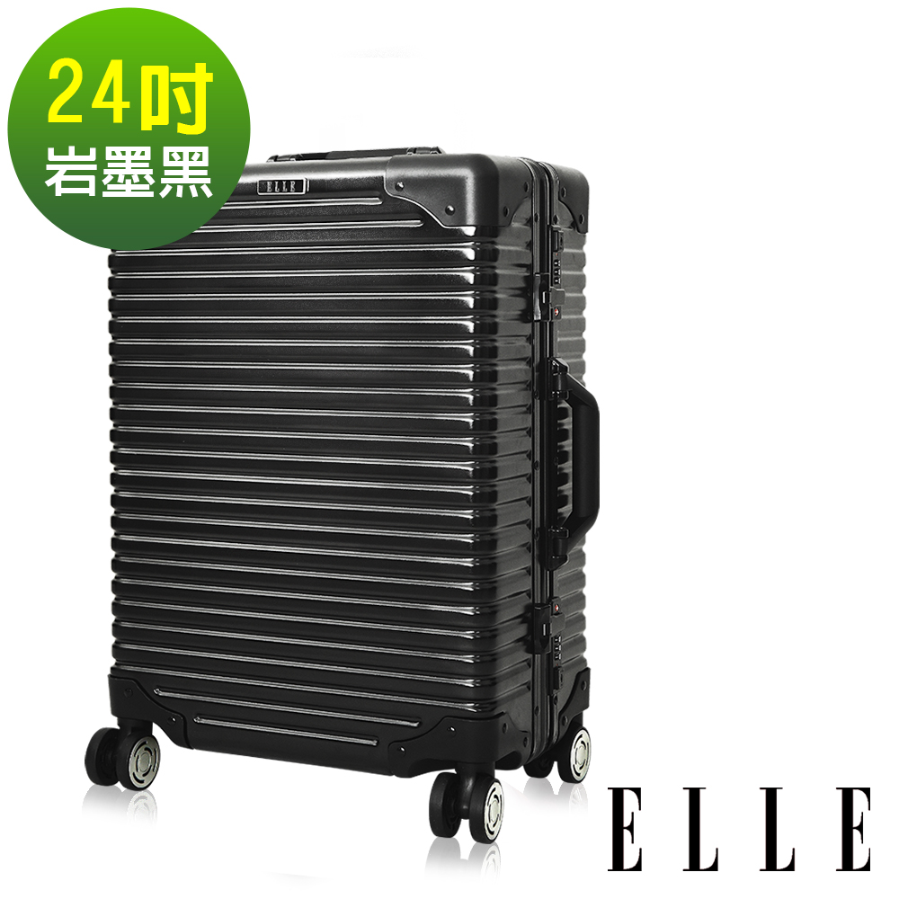 福利品 ELLE 復古假期系列- 24吋霧面裸鑽橫條紋鋁框行李箱-岩墨黑