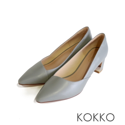 KOKKO溫柔高雅斜口小方楦羊皮粗跟包鞋灰藍色