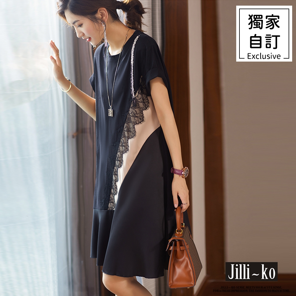 JILLI-KO 蕾絲拼接魚尾連衣裙- 黑色